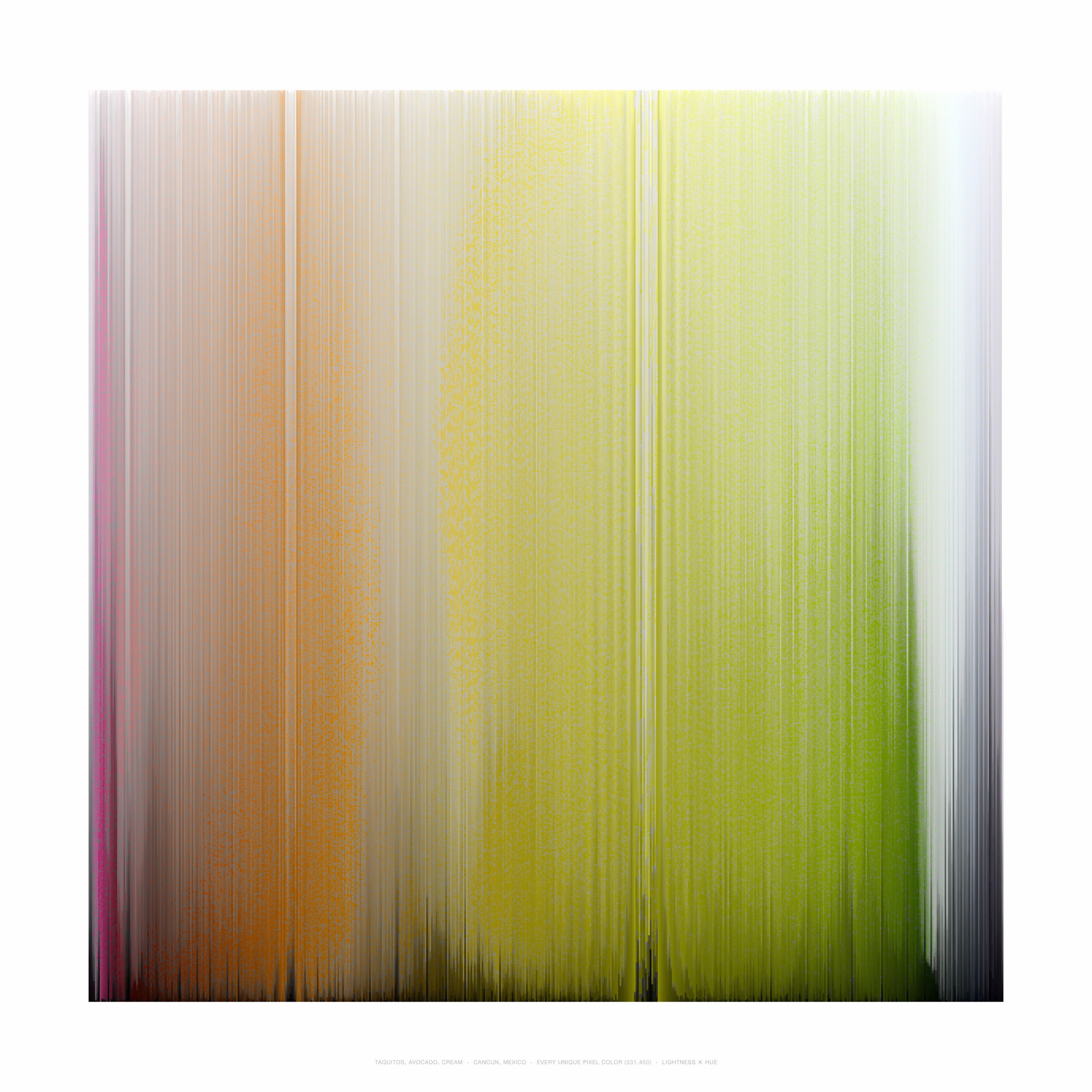 TAQUITOS, AVOCADO, CREAM – CANCUN, MEXICO – EVERY UNIQUE PIXEL COLOR (331,450) – LIGHTNESS × HUE